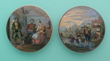 The Rivals (322) and Transplanting Rice (332) (2). (potlid, pot lid, Prattware, Staffordshire).