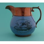 Reform: a copper lustre jug, the blue ground body printed in black with the symbols and statements