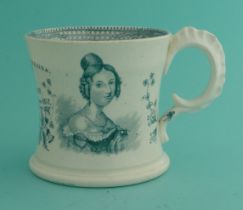 1838 Coronation: a good Staffordshire mug printed in green, 85mm. * See Victoria Remembered, plate