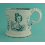 1838 Coronation: a good Staffordshire mug printed in green, 85mm. * See Victoria Remembered, plate