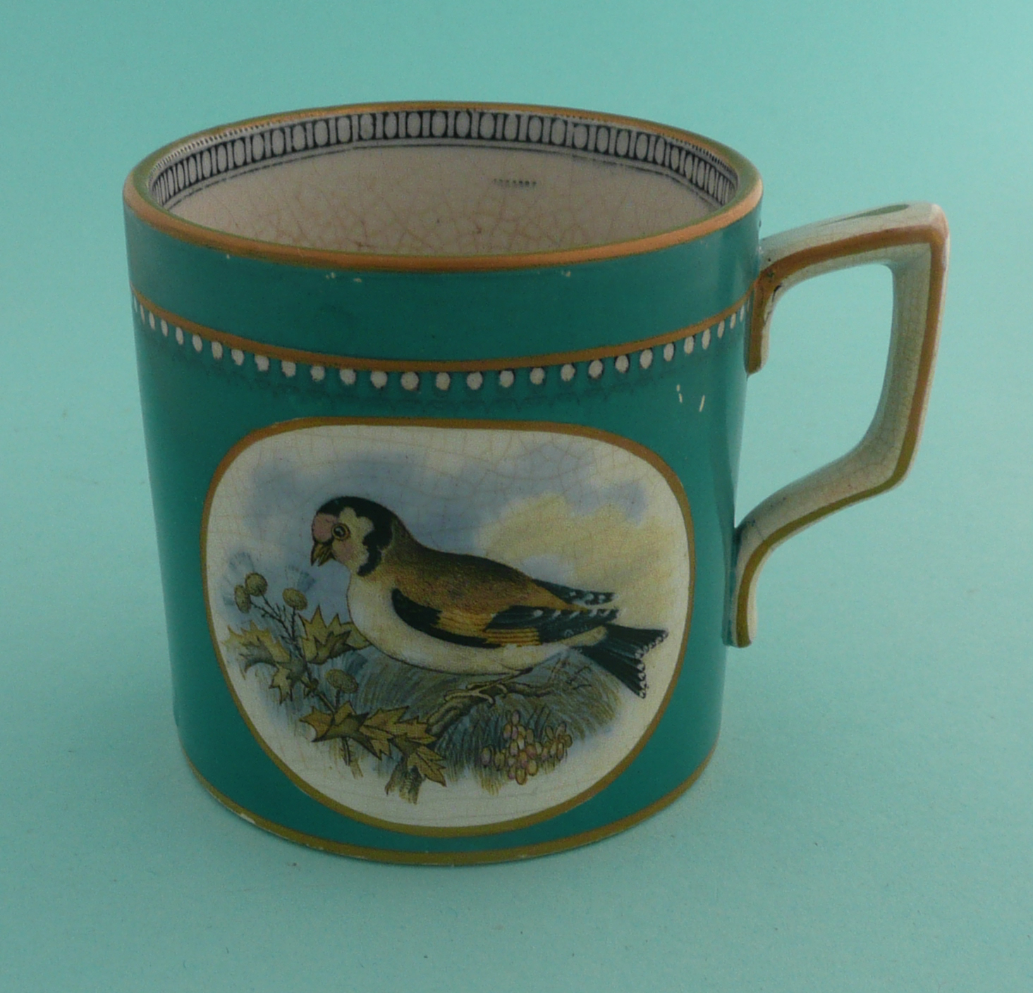Prattware: A good small mug: The Bullfinch (298) and The Goldfinch (301) green ground, 77mm