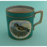 Prattware: A good small mug: The Bullfinch (298) and The Goldfinch (301) green ground, 77mm