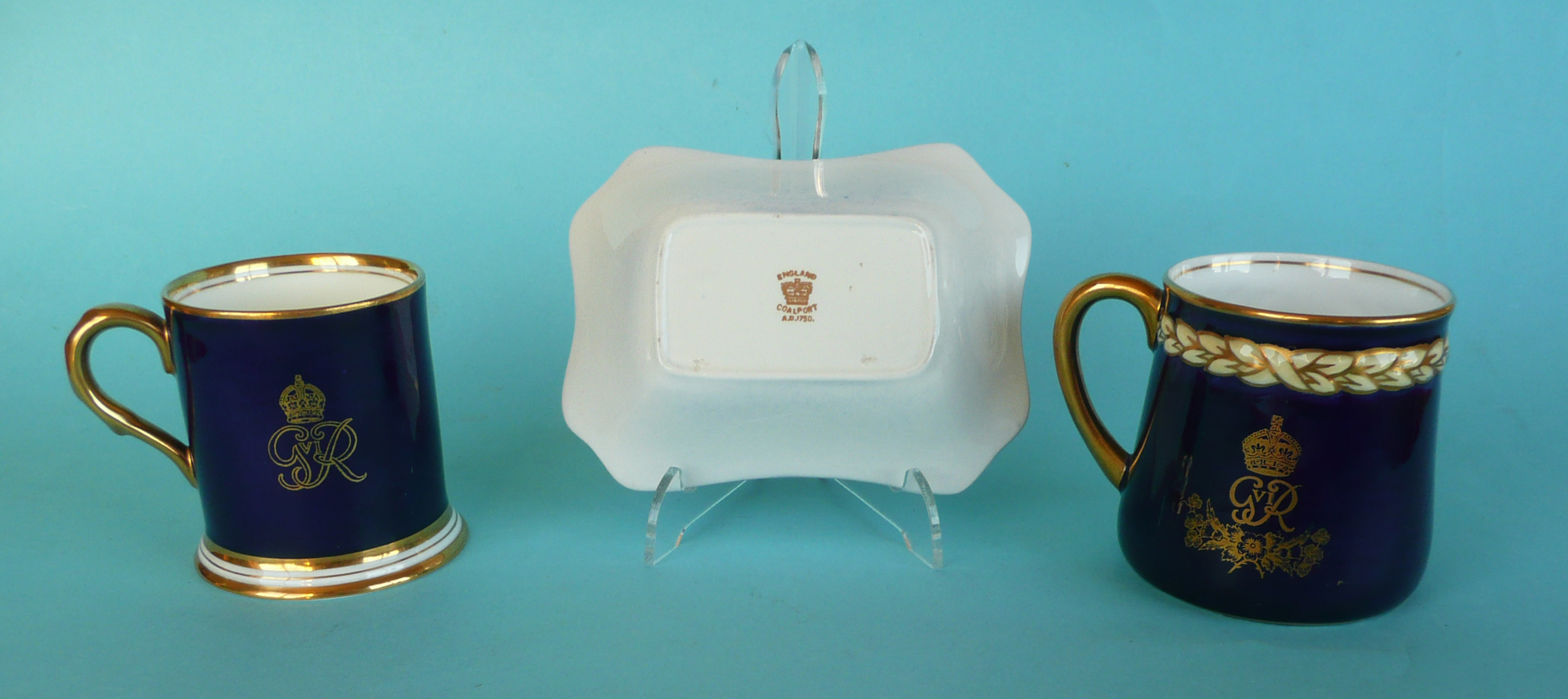 A Crown Staffordshire cobalt blue mug and a similar Coalport mug and matching dish (3). ( - Image 2 of 2