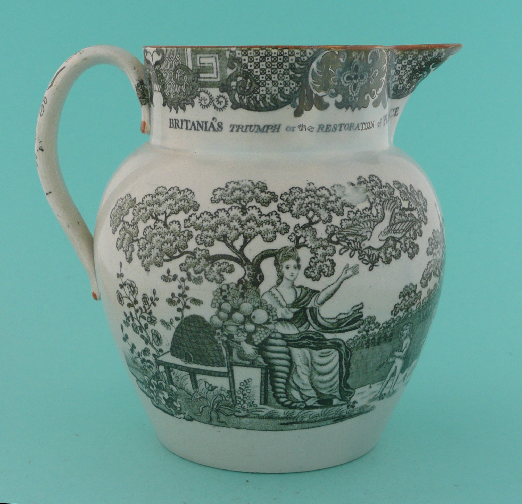 1814 Peace of Paris: a pearlware jug printed in grey with scenes of Britannia and Peace, 149mm, - Image 2 of 5