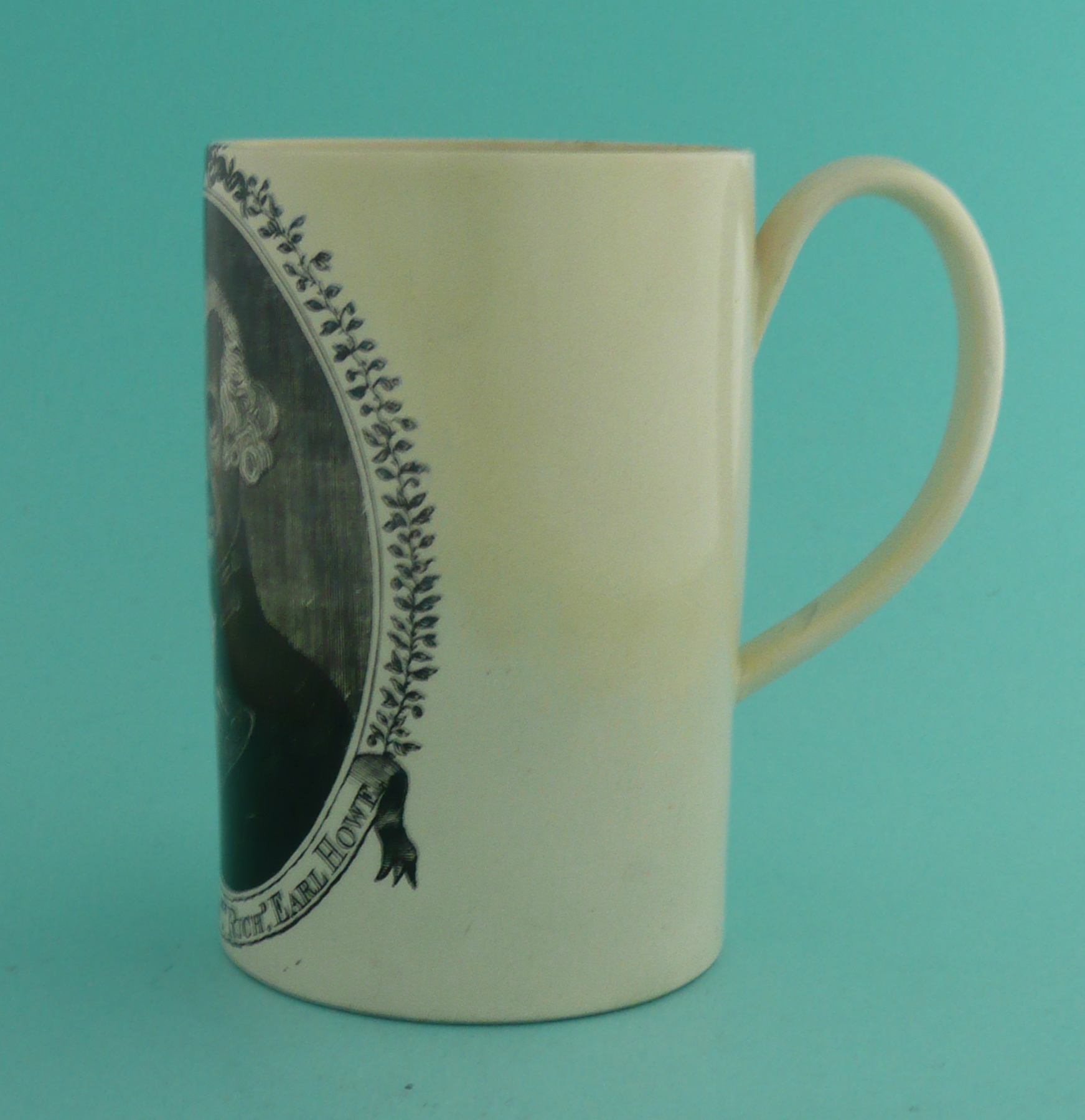Earl Howe: a creamware mug printed in black with a named portrait oval, circa 1794, 125mm, rim and - Image 2 of 4