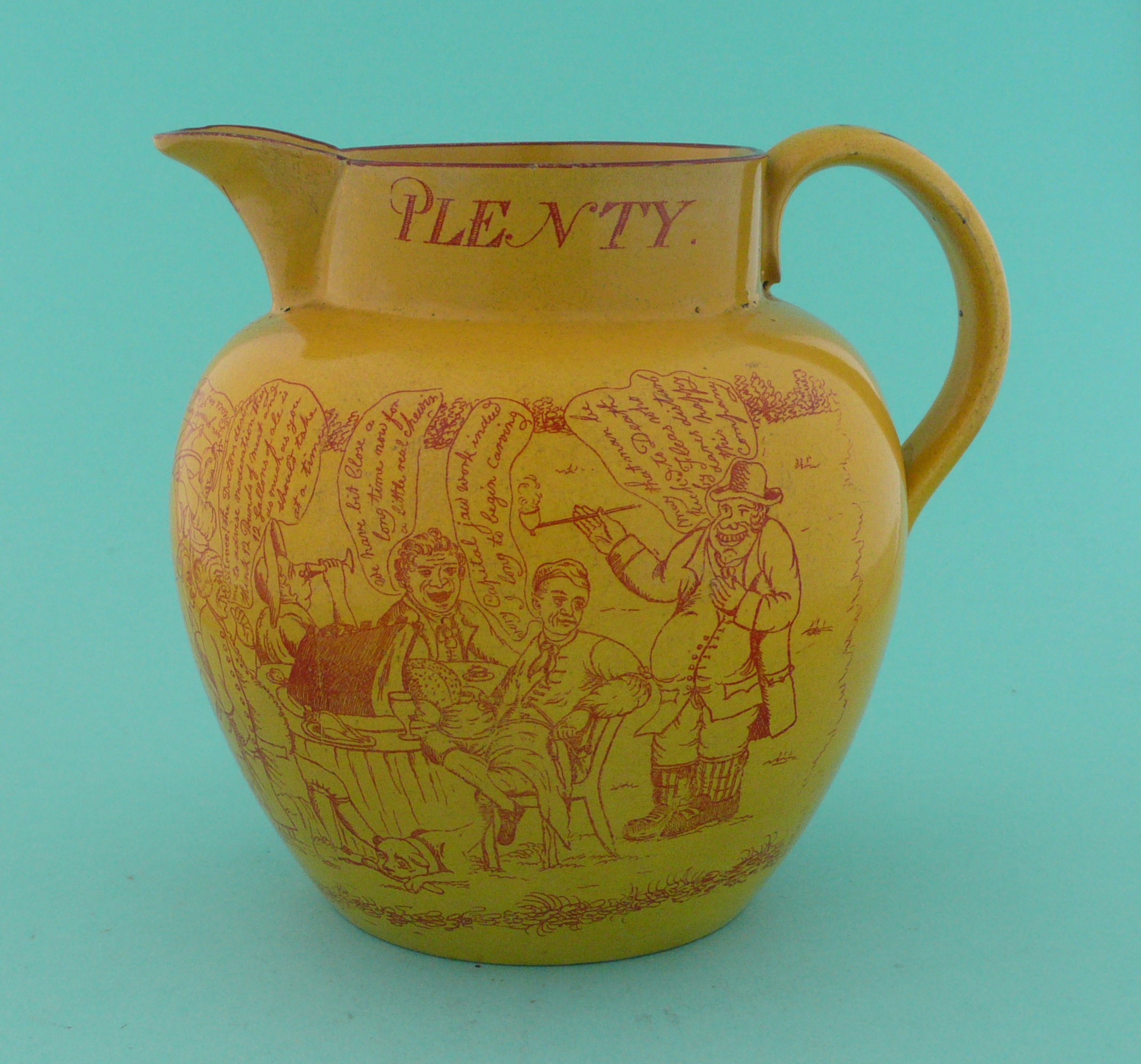 1814 Peace: a good yellow ground jug printed in rouge-de-fer with an extensive satire entitled ‘