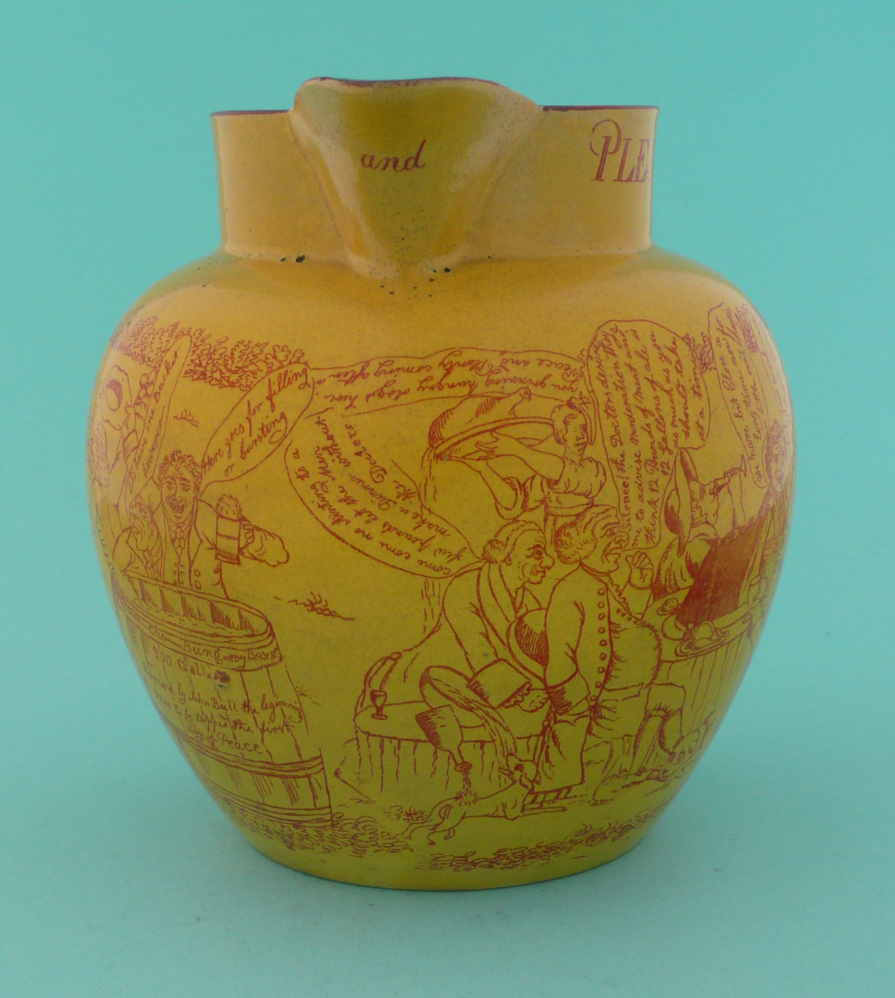 1814 Peace: a good yellow ground jug printed in rouge-de-fer with an extensive satire entitled ‘ - Image 3 of 5