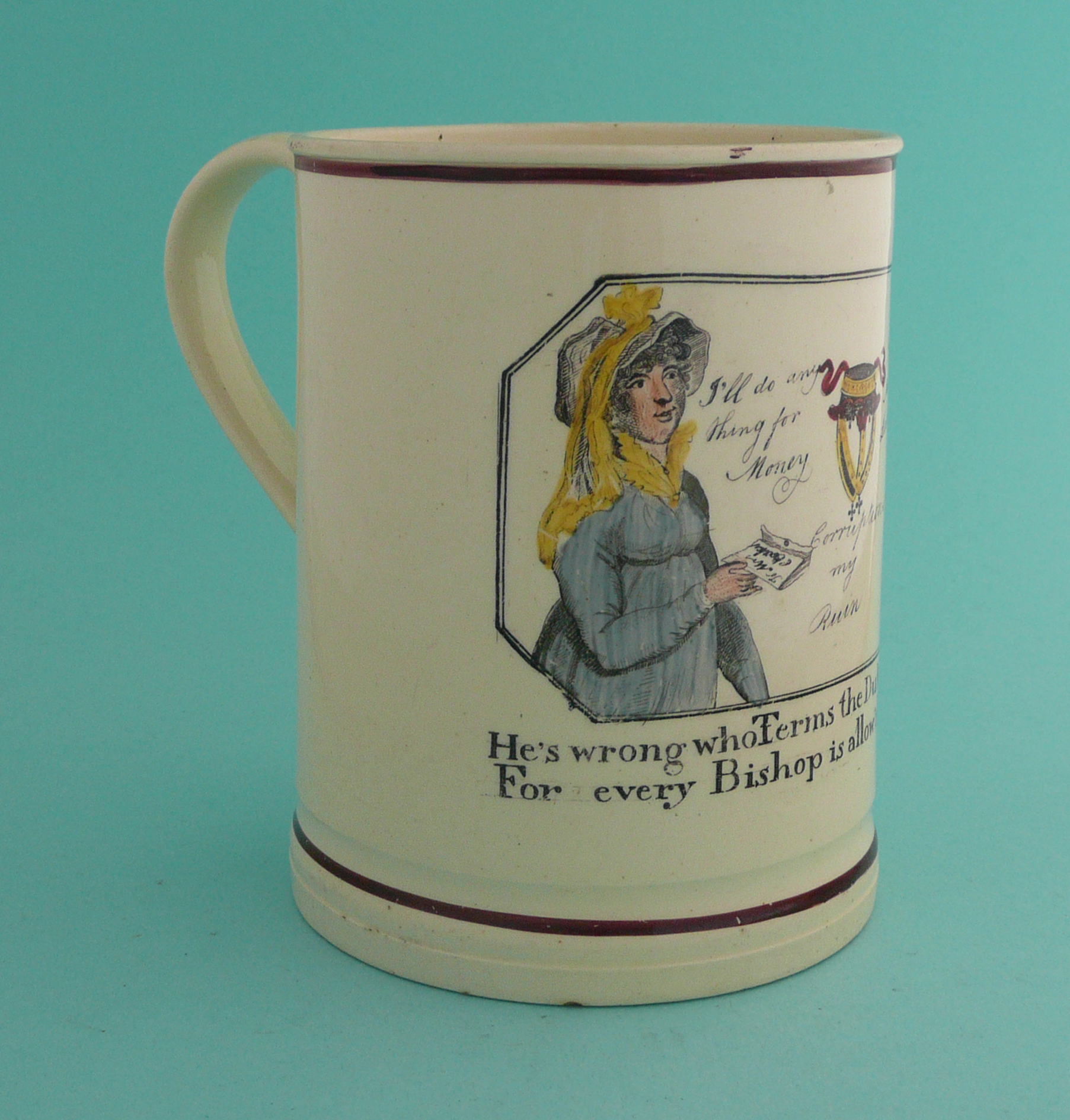 Mary Anne Clarke: a good, particularly interesting and rare creamware tankard printed in black and - Bild 2 aus 5