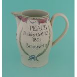 1801 Peace: a pearlware jug, the bellied body painted with flowers and inscribed ‘Peace Pudsey