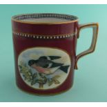 A good small mug: The Bullfinch (298) and The Wren (302) maroon ground, 82mm. (potlid, pot lid,
