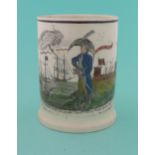 1803 Great Invasion Scare: a black printed mug enamelled in colours with a cartoon of Napoleon