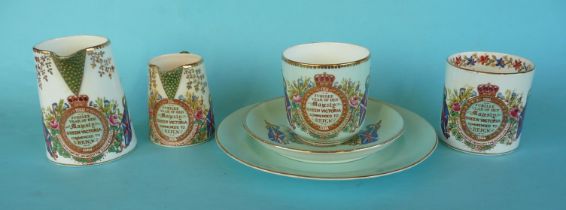 1887 and 1897 Jubilees: two coloured ground trios, three cups and saucers and two small mugs all