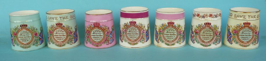 1887 Jubilee: a pink ground tapering mug, two green ground and four other mugs all by William