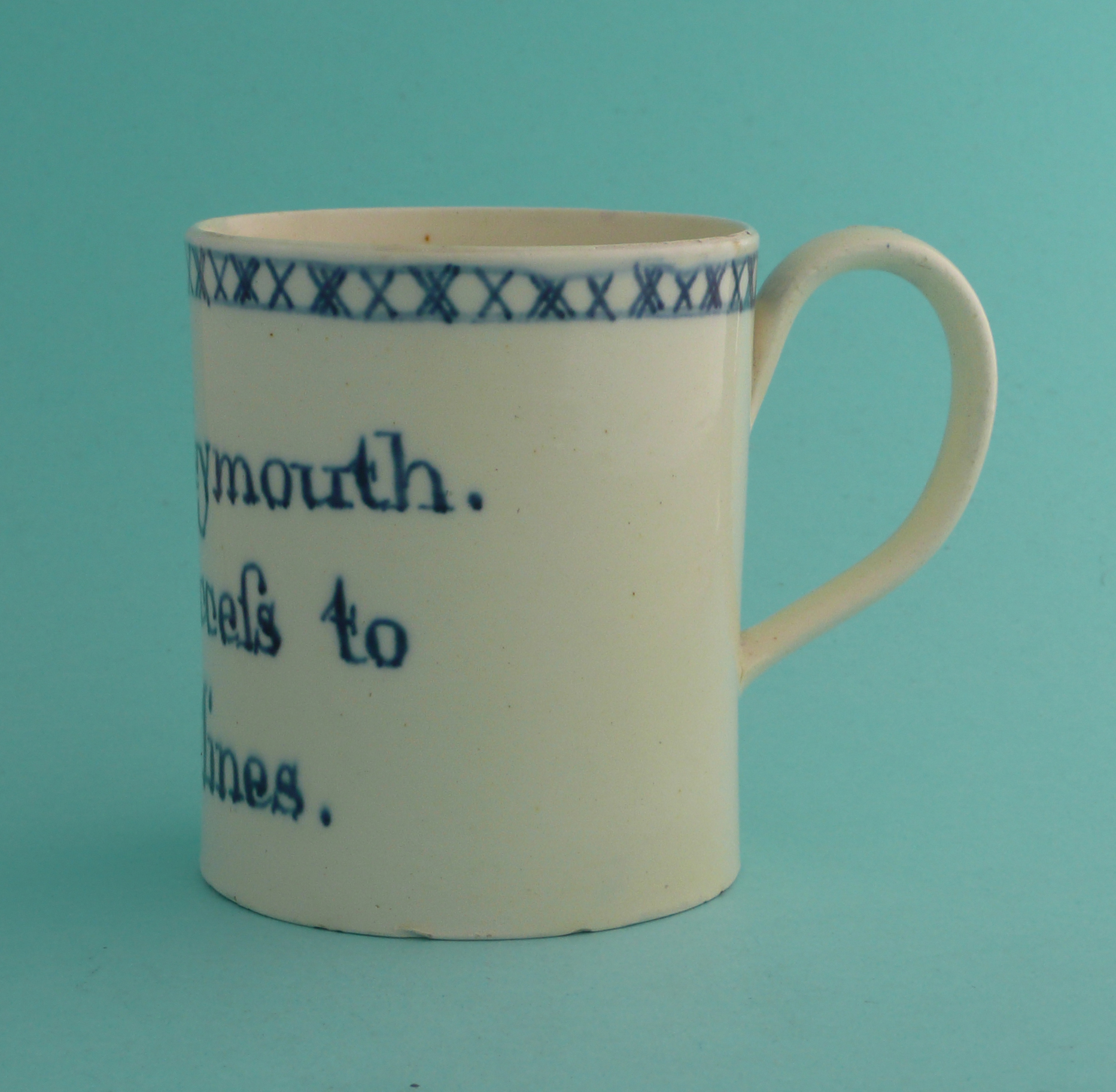 Lord Weymouth and the Mines: a rare creamware mug painted in blue with the inscription ‘Lord - Image 3 of 5