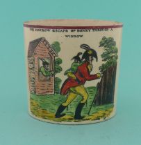 1812 Napoleon Flees Russia: a creamware mug printed in black and decorated in colours with a scene