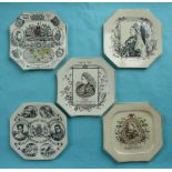 Victoria: five assorted octagonal plates (5). * Manufactured by Wallis Gimson, Hines Bros and