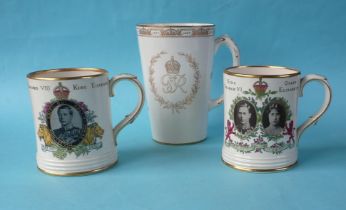 1937 Coronation: a Copeland tall pottery tapering mug with gilt decoration and a pair of Copeland