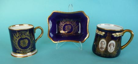 A Crown Staffordshire cobalt blue mug and a similar Coalport mug and matching dish (3). (