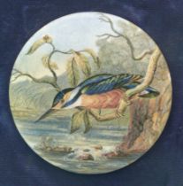 The Kingfisher (296) early example, 108mm, two glaze blemishes, framed. (potlid, pot lid, Prattware,