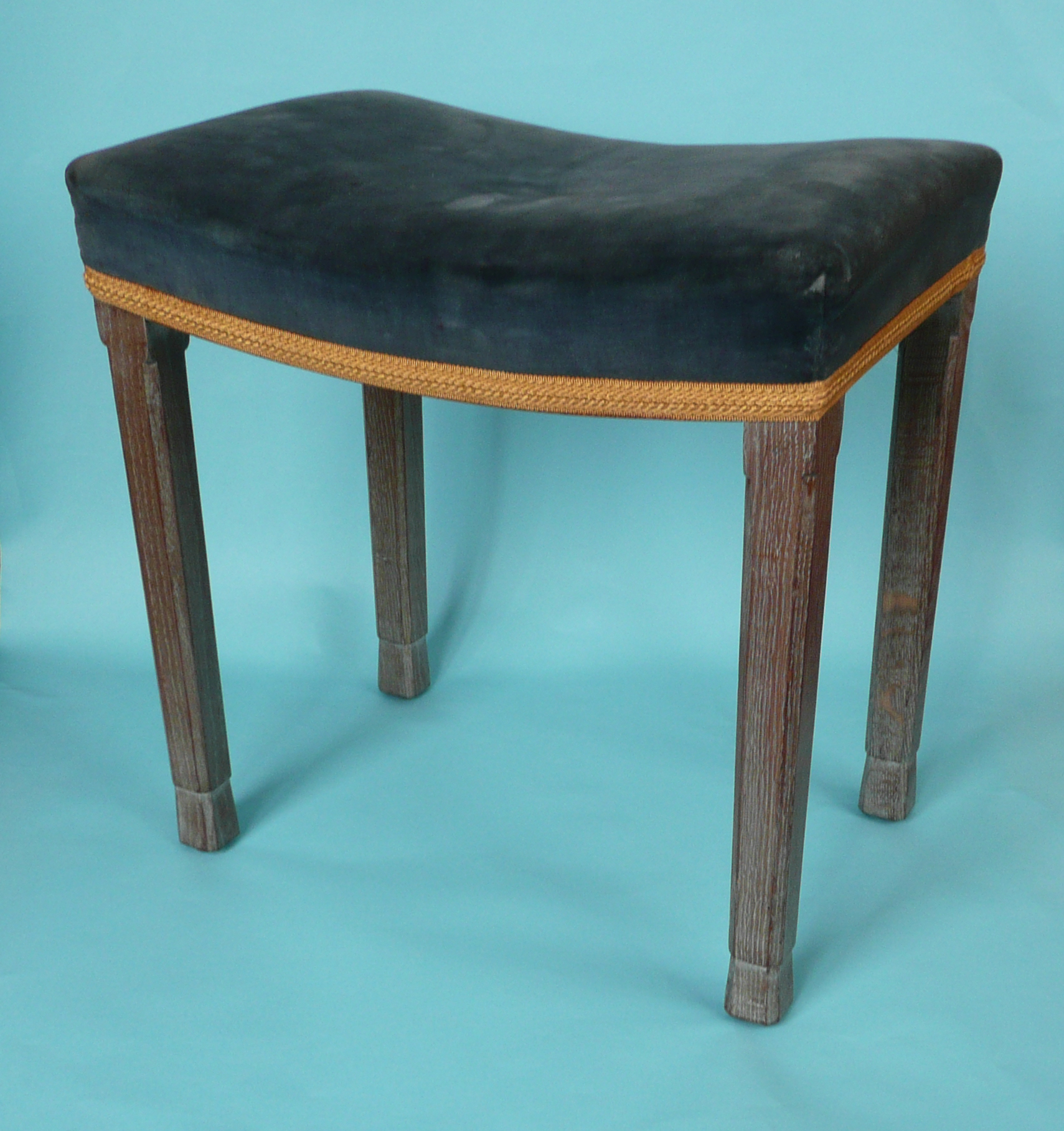 1953 Coronation: a limed oak and blue upholstered coronation stool by Glenster, very original