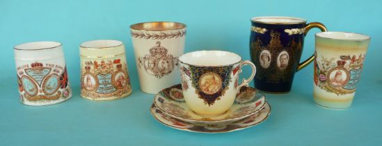 A Doulton Burslem beaker for 1887, an unusual William Lowe tapering mug for the 1901 death and