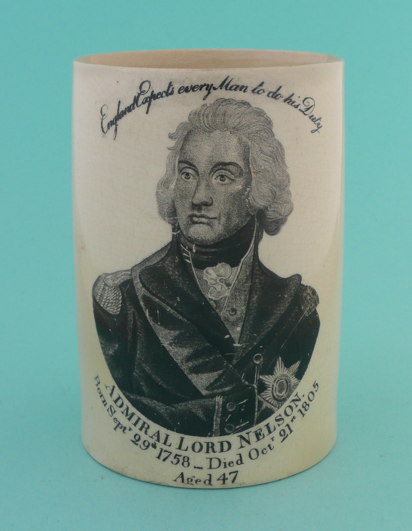 1805 Nelson in Memoriam: a creamware tankard printed in black with a named and dated portrait,