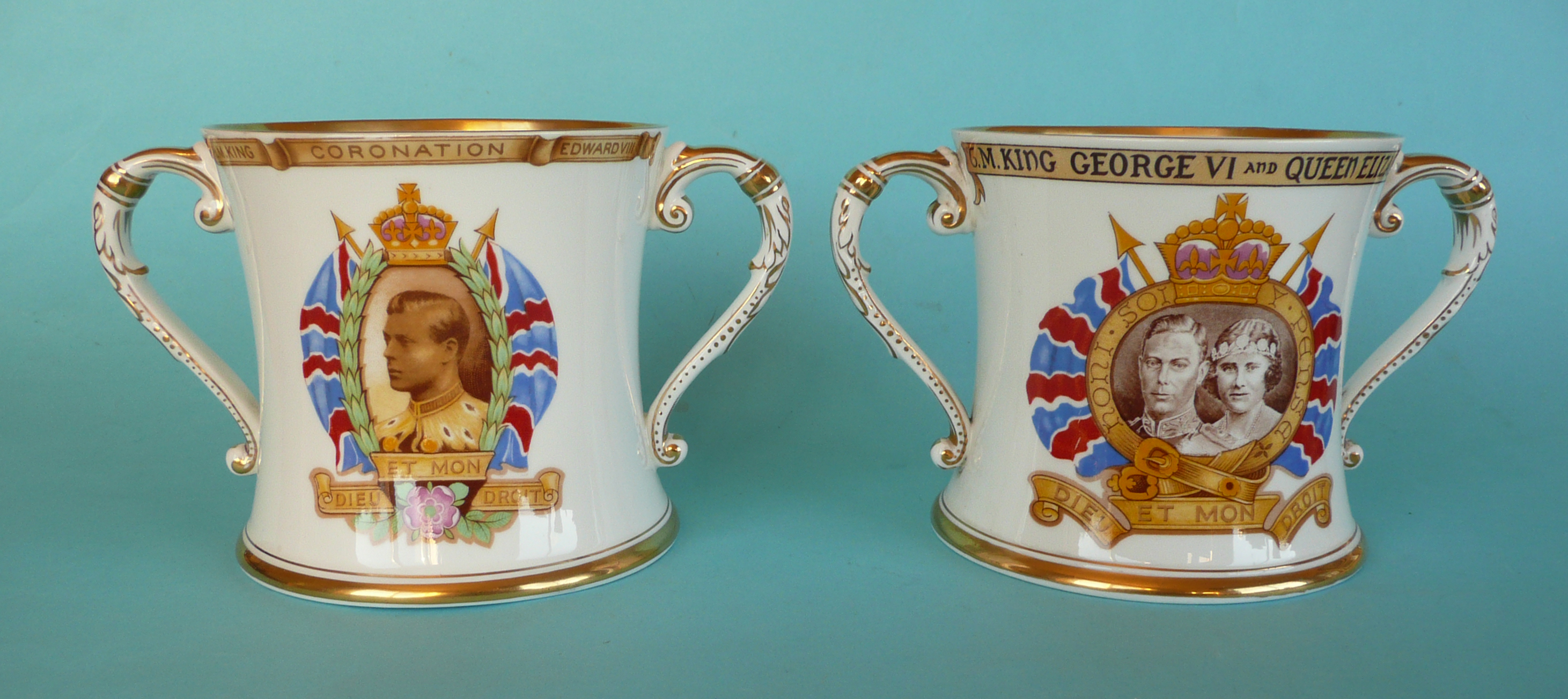 A pair of Shelley loving cups for 1937 Edward VIII and George VI. 114mm (2). (commemorative,