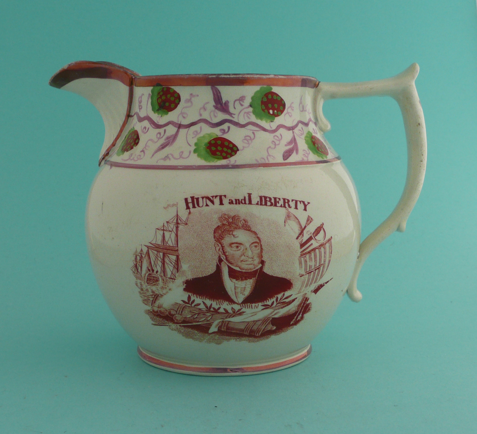 1819 Henry Hunt and Peterloo: a pink lustre jug printed in rouge-de-fer with a named portrait (of