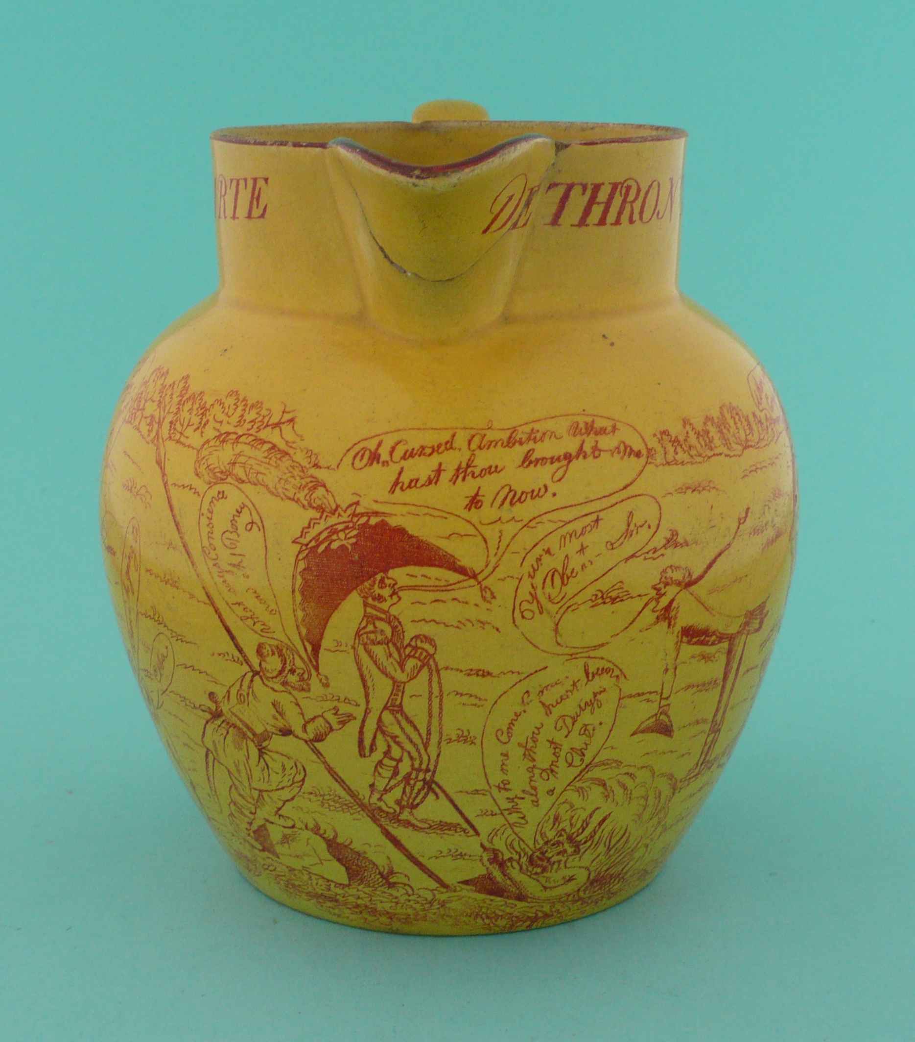 1814 Napoleon’s Abdication: a yellow ground jug printed in rouge-de-fer with an extensive titled - Image 3 of 5
