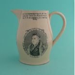 1824 Visit to America by La Fayette: a creamware jug by R Hall & Son printed in black with portraits