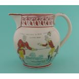 1812 Napoleon Flees Russia: a good pearlware jug the grey printed cartoons painted in colours