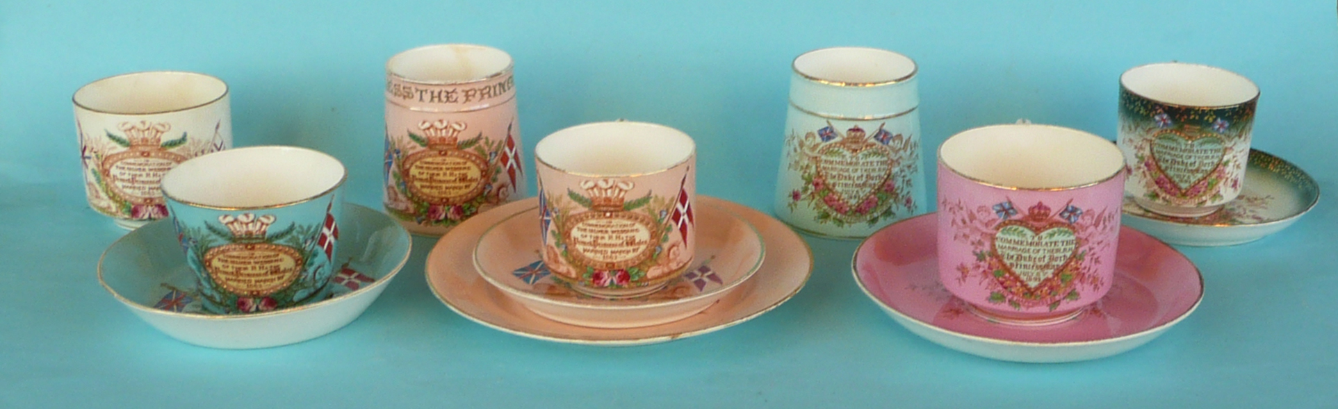 A tapering salmon pink ground mug, a similar trio, a blue ground cup and saucer and another cup - Image 2 of 2