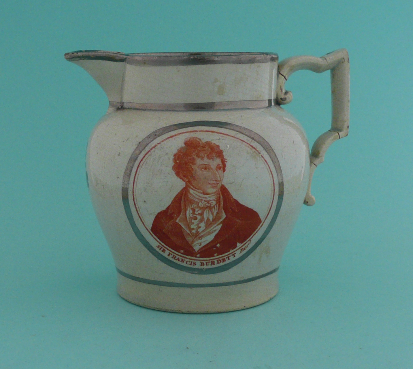 Sir Francis Burdett and Mary Anne Taylor: a silver lustre jug printed in orange with named