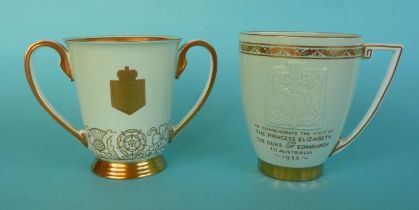 A Minton pale green ground loving cup for 1953 coronation and a similar rare mug for the 1952