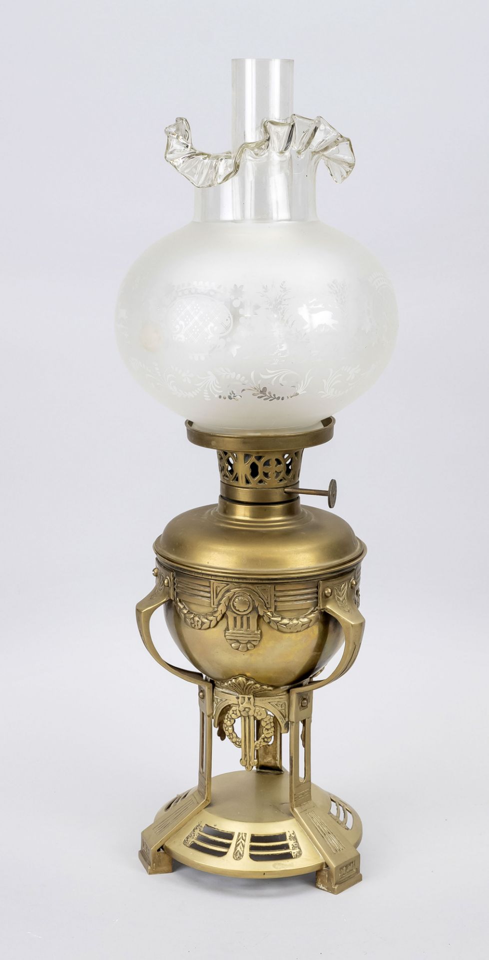 Kerosene lamp, late 19th century, brass, open-worked, attached glass shade with etched decoration