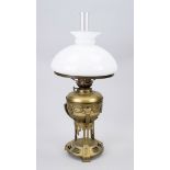 Kerosene lamp, late 19th century, brass, openwork, fitted frosted glass shade, h 51 cm