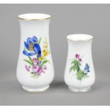 Two small vases, Meissen, flask form, small vase, design by Findeisen, gold rim, 1970s, 1st