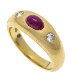 Ruby-brilliant band ring GG 750/000 with an oval ruby cabochon 6 x 4 mm and 2 brilliant-cut
