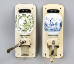 2 coffee grinders, late 19th century, porcelain, lacquered iron, glass on lacquered wooden plinth,