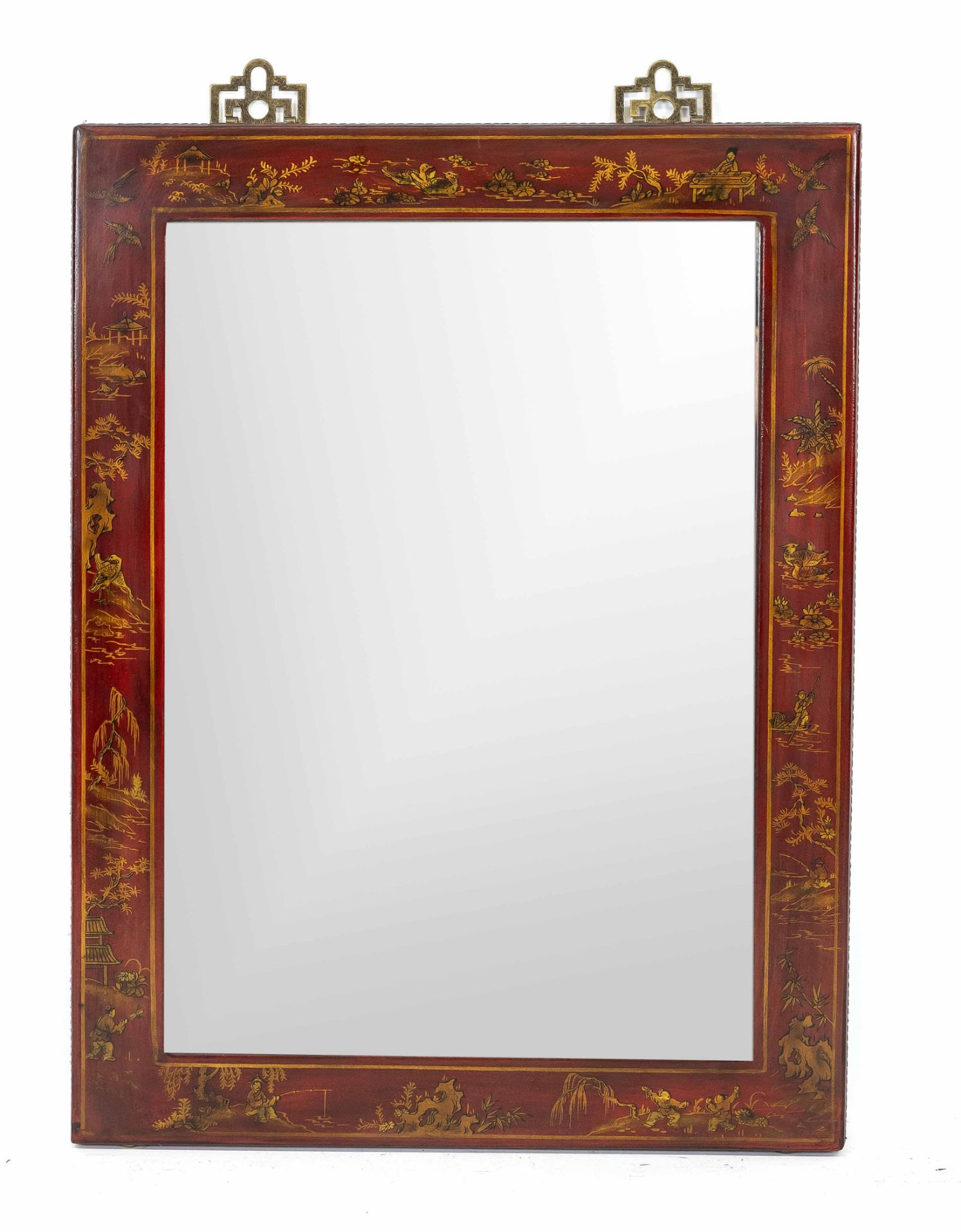 Mirror, China, 20th century, faceted mirror glass in lacquered and gold-studded (printed decoration)