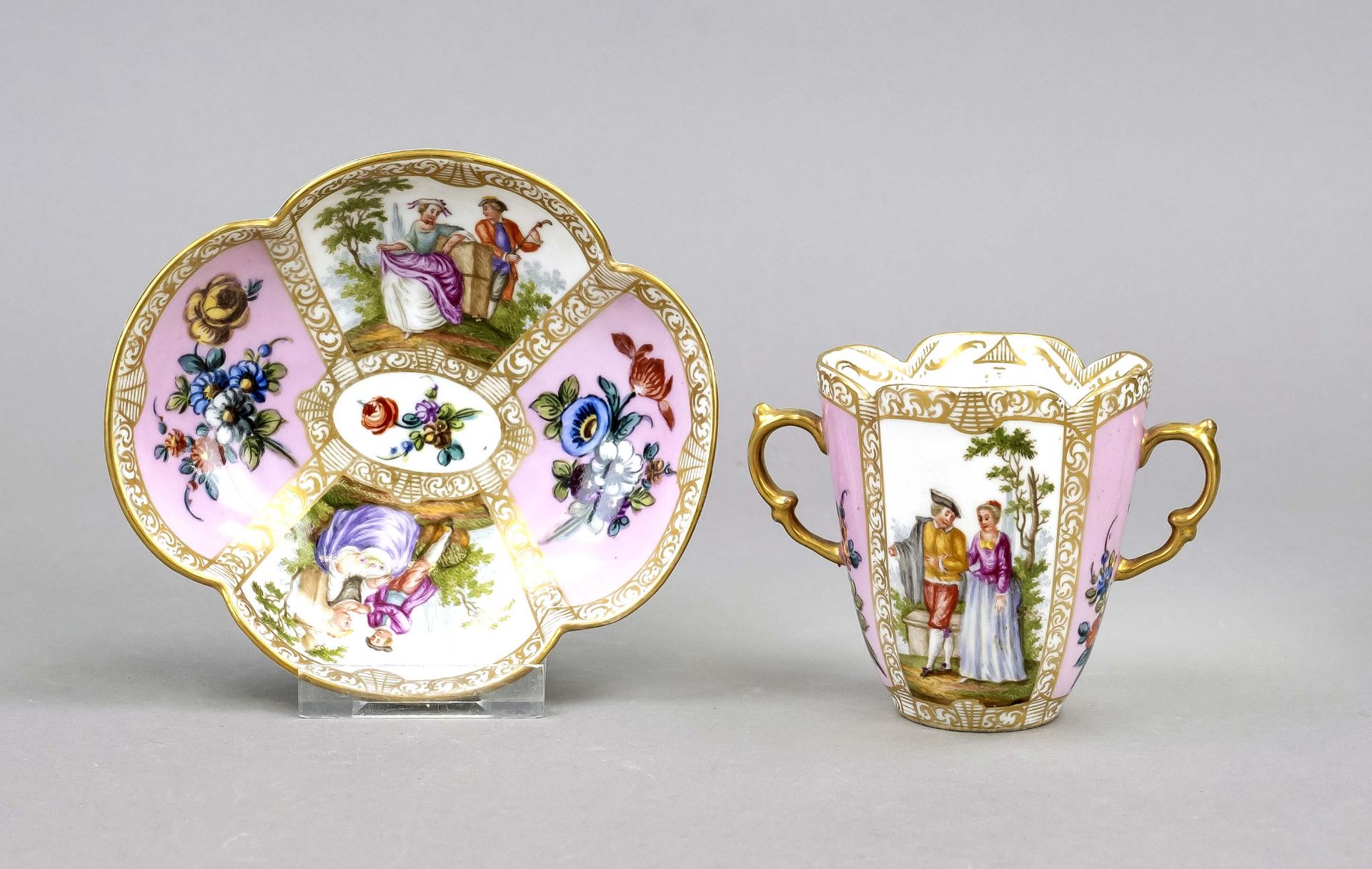 A cup and saucer, Helena Wolfsohn, Dresden, mark 1875-83, of curved form with a double eared handle,