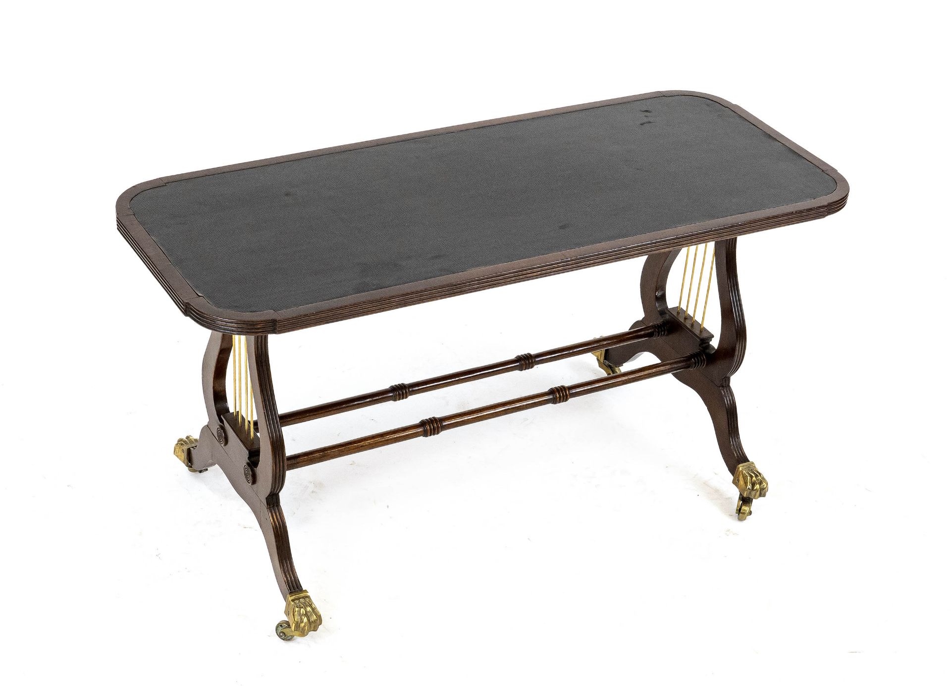 Side table in Biedermeier style, 20th century, mahogany, frame on brass paw feet with castors, 47