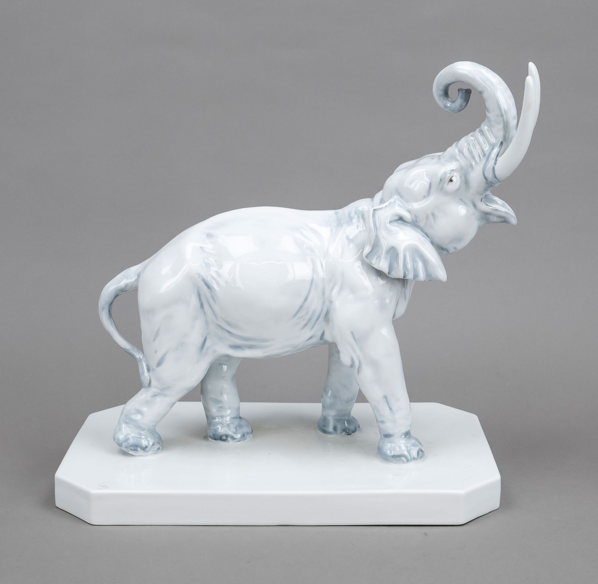 Striding elephant, Wallendorf, Thuringia, mark after 1962, lucky charm with raised trunk, white,