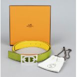 Hermes, reversible belt, green and yellow grained leather, silver-colored buckle, size 85, incl.