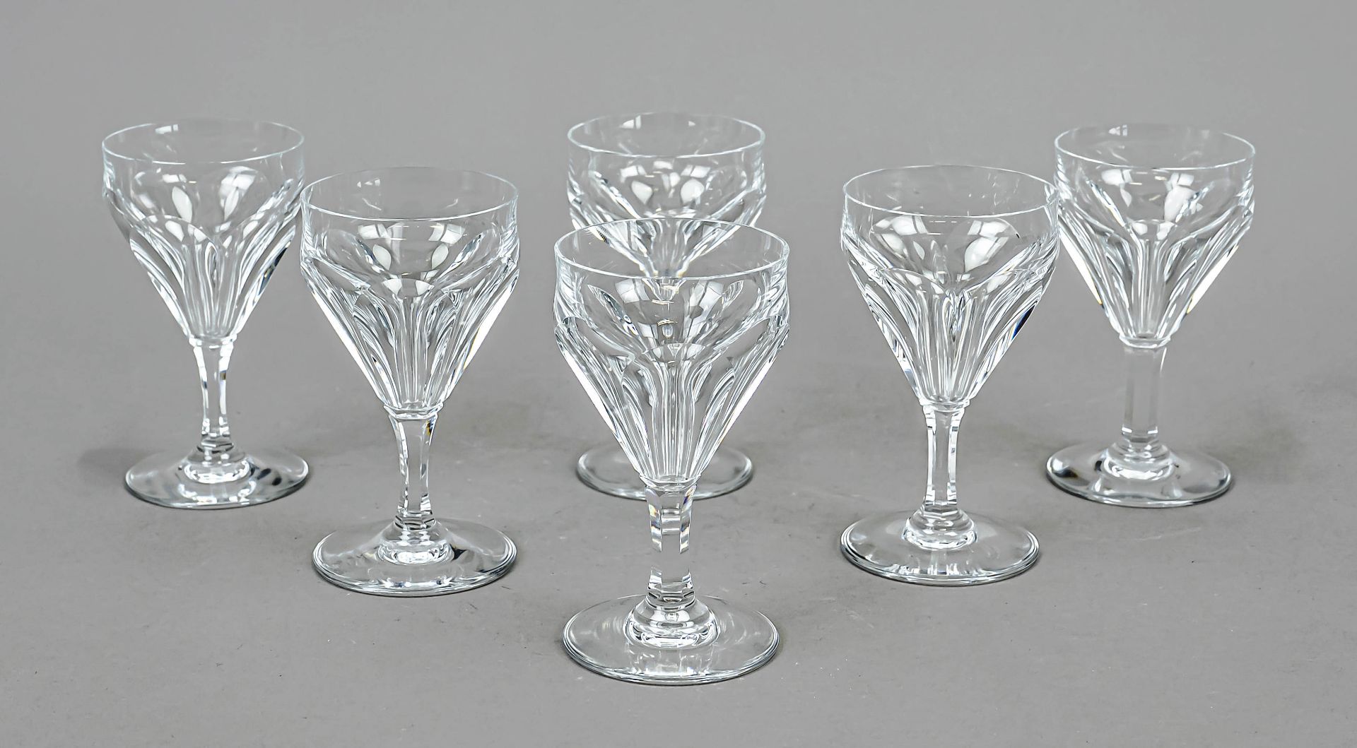 Six liqueur goblets, France, 2nd half of the 20th century, Baccarat, round disk stand, slender