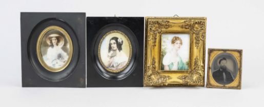 4 miniatures, 19th/20th century, 3 portraits of ladies and 1 portrait of a gentleman, some on bone