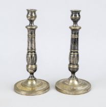 Pair of candlesticks, 19th century, brass with partial silver plating. Ornamented and balustrated,