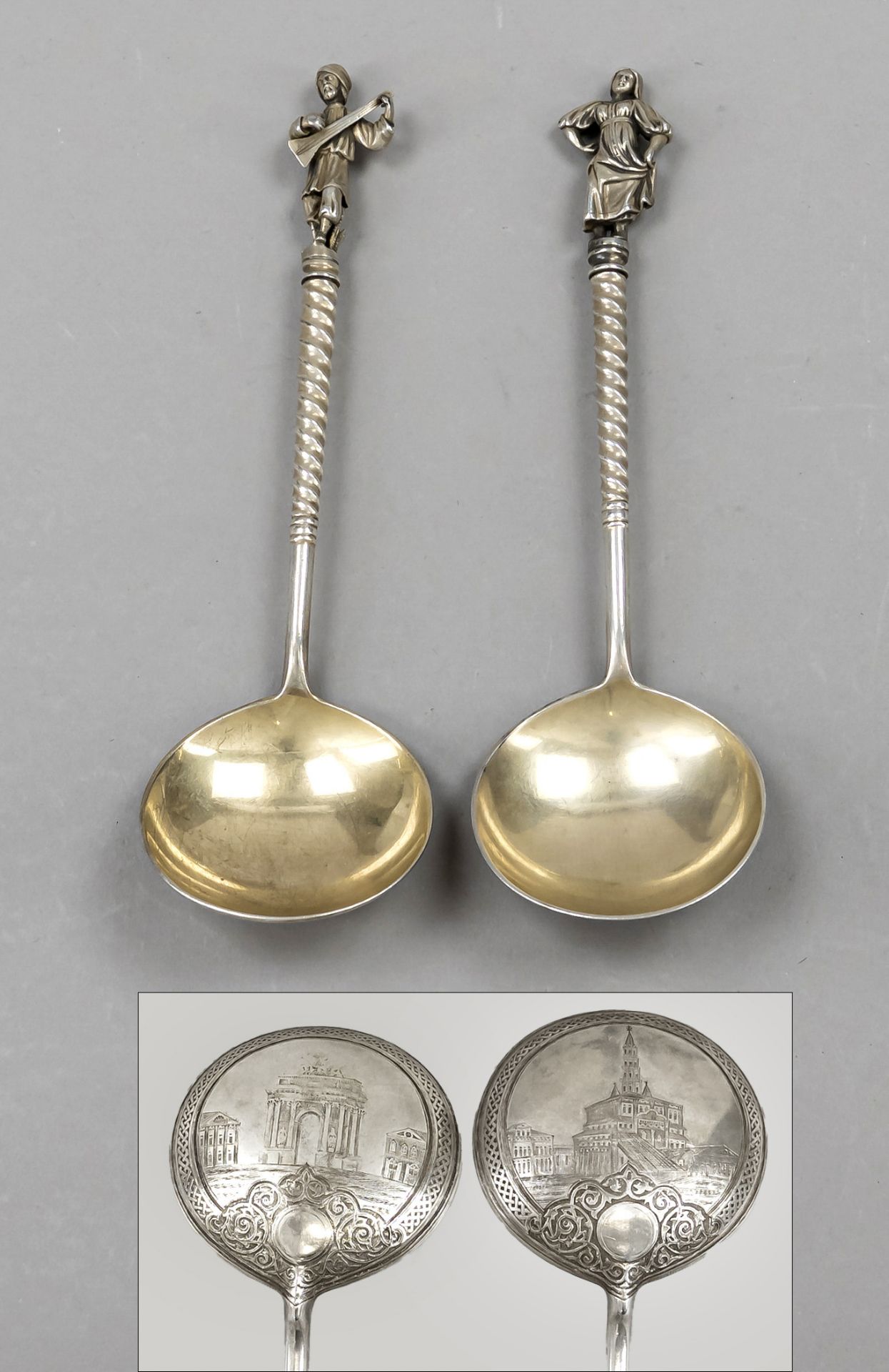 A pair of ornamental spoons, hallmarked Russia, 1877, Moscow city mark, struck hallmarks, Siber 84