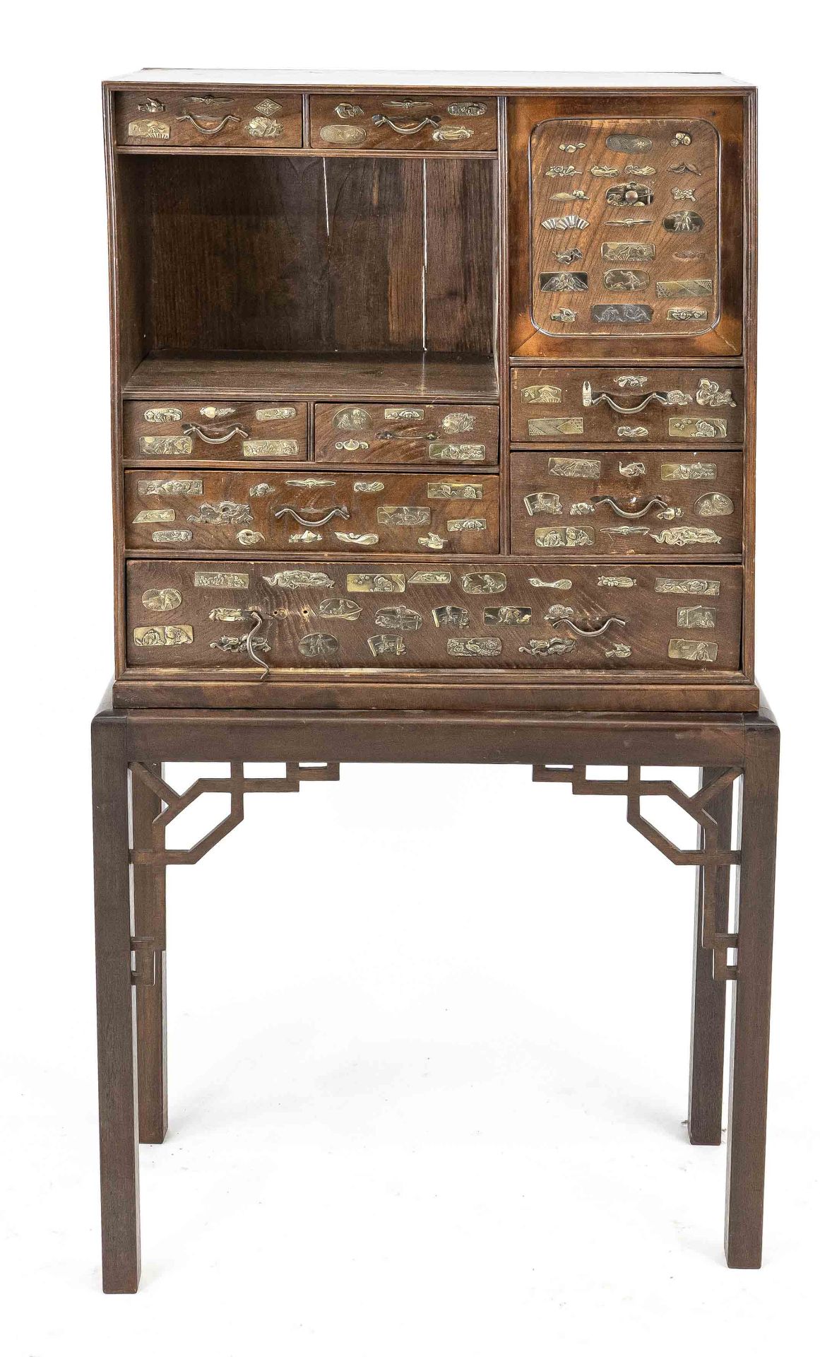Asian multi-purpose cabinet, 20th century, mahogany and ash, body on frame with 8 drawers and