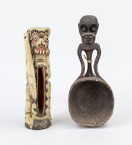 2 wooden figures, 19th/20th century, 1 x Africa, 1 x Indonesia, rubbed, 1 x with stress crack, h. up